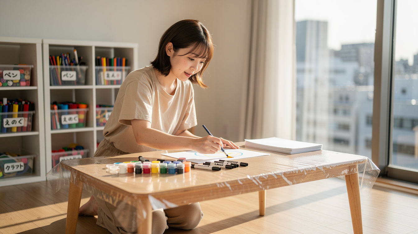 2歳室内遊びアート汚れないための事前準備と汚れ対策グッズ
