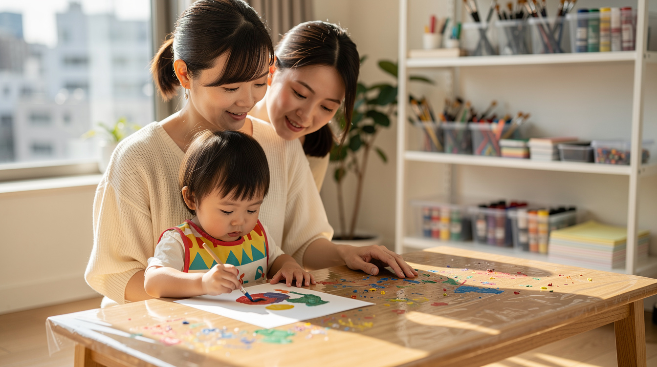 2歳室内遊びアート汚れないための基本準備