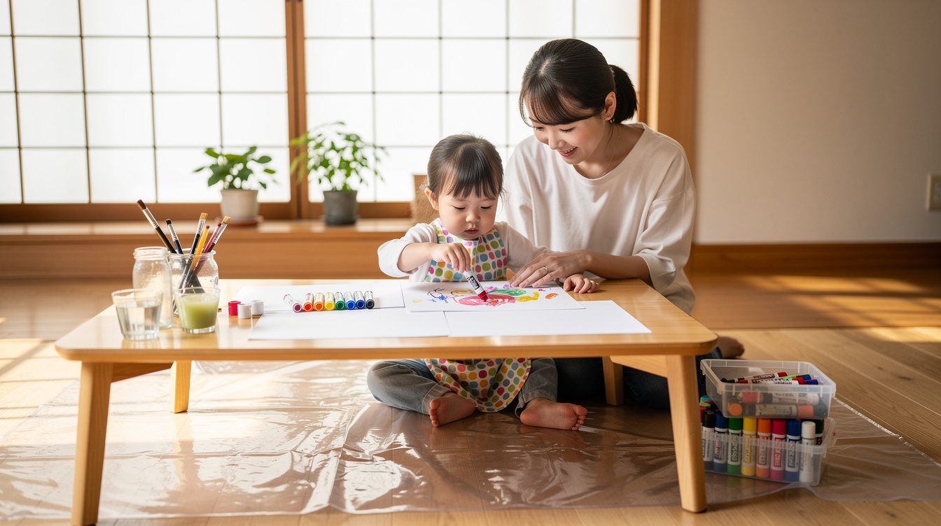 2歳室内遊びアート汚れないアイデア①〜④:道具を変える