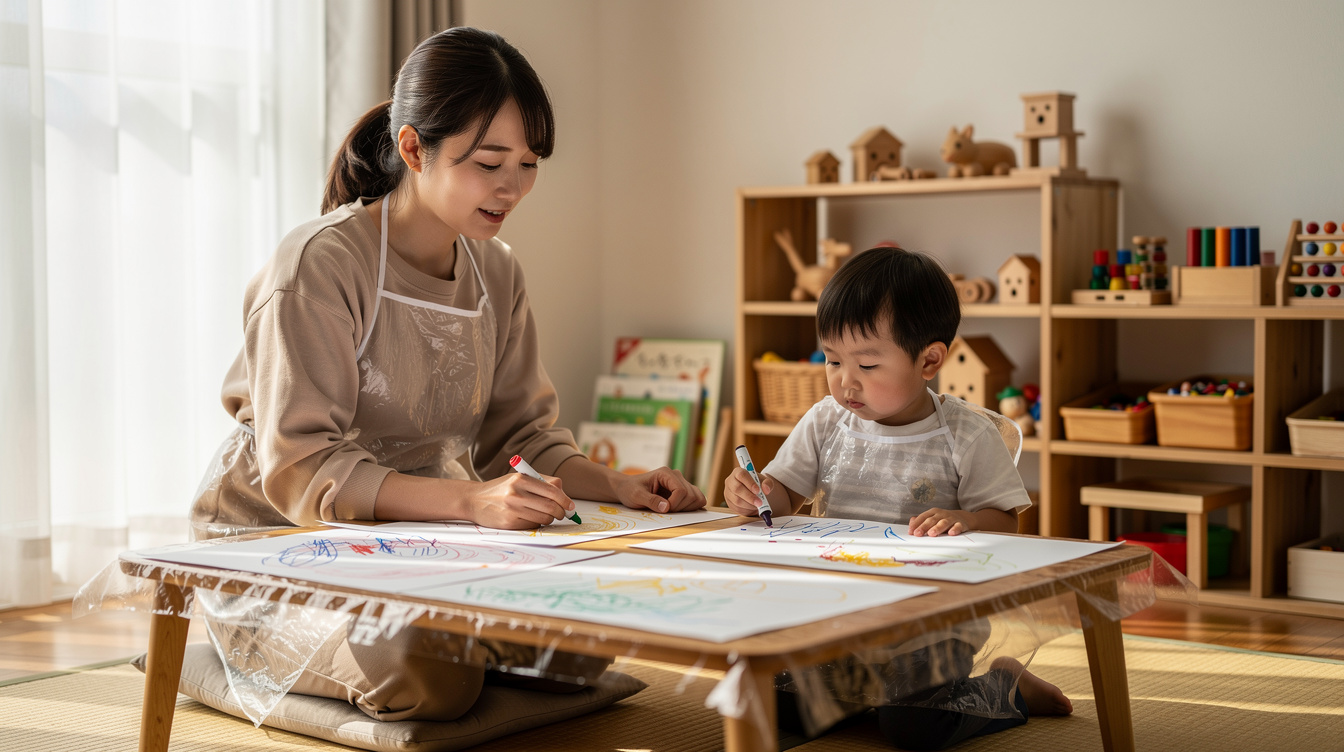 2歳室内遊びアート汚れないための必須グッズと100均活用術
