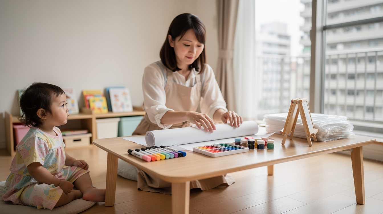 2歳室内遊びアート汚れないための準備グッズ一覧