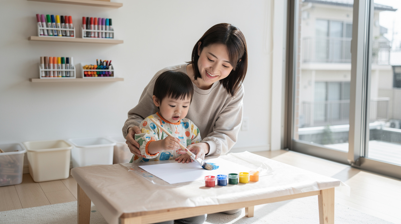2歳室内遊びアート汚れない事前準備の基本