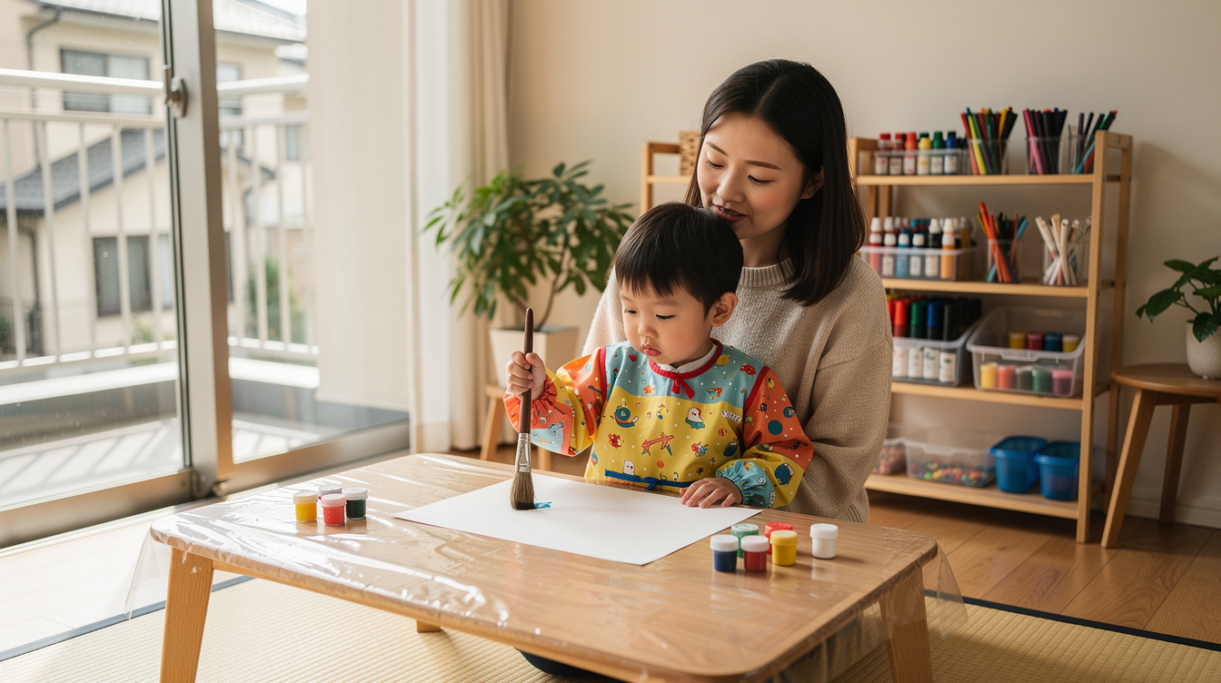 2歳室内遊びアート汚れないための下準備と環境づくり