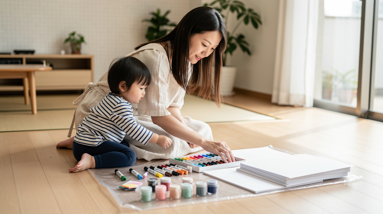 2歳室内遊びアート汚れないための事前準備と道具選び