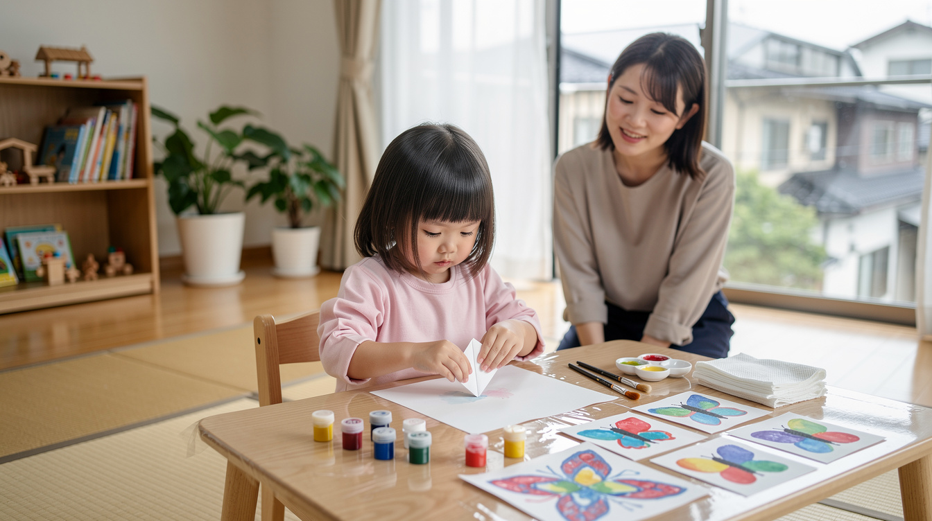 2歳室内遊びアート汚れないおすすめ技法①デカルコマニーとにじみ絵