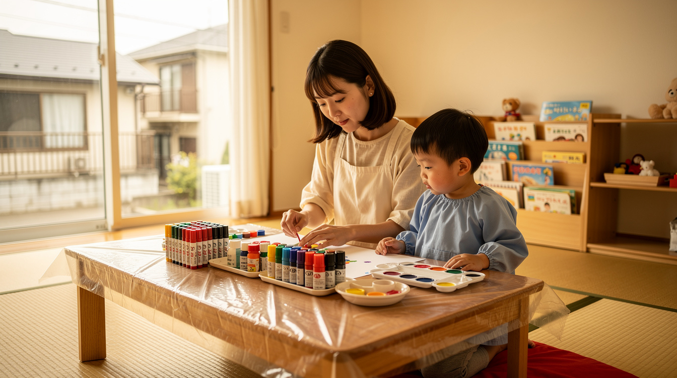 2歳室内遊びアート汚れない下準備と便利グッズ