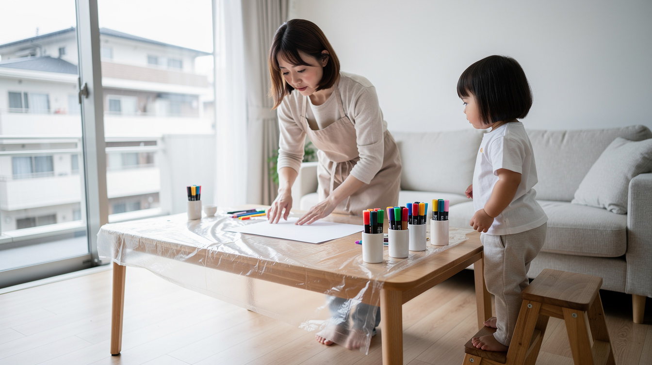 2歳室内遊びアート汚れないための事前準備3つ