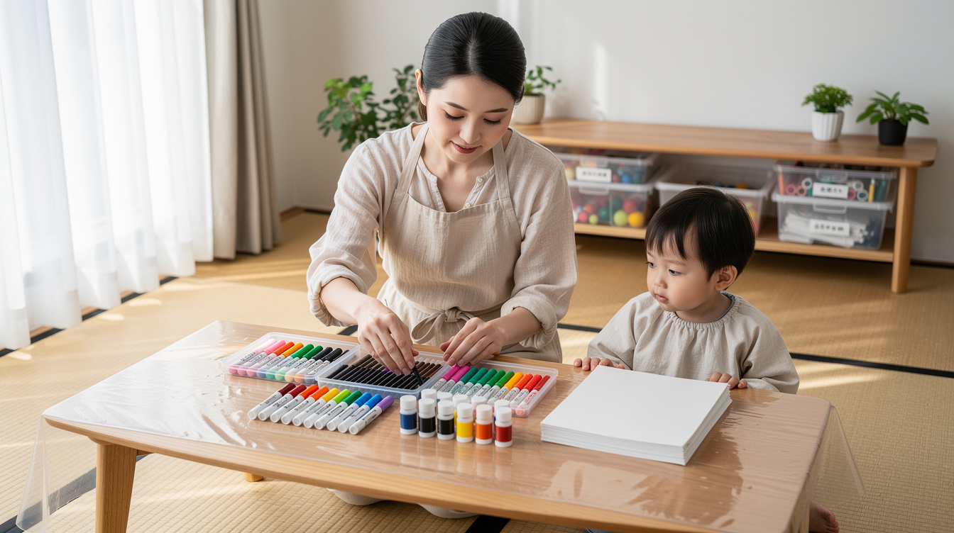 2歳室内遊びアート汚れないための基本準備