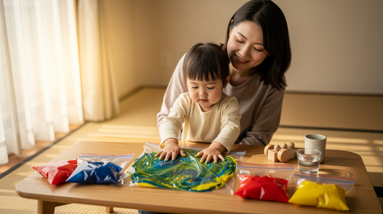 2歳室内遊びアート汚れない最強アイデア①:袋絵の具&センサリーバッグ