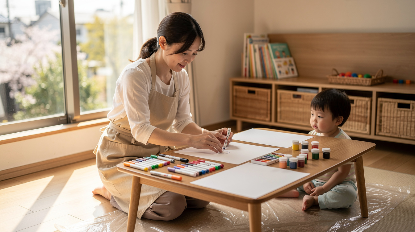 2歳室内遊びアート汚れないための事前準備と環境づくり