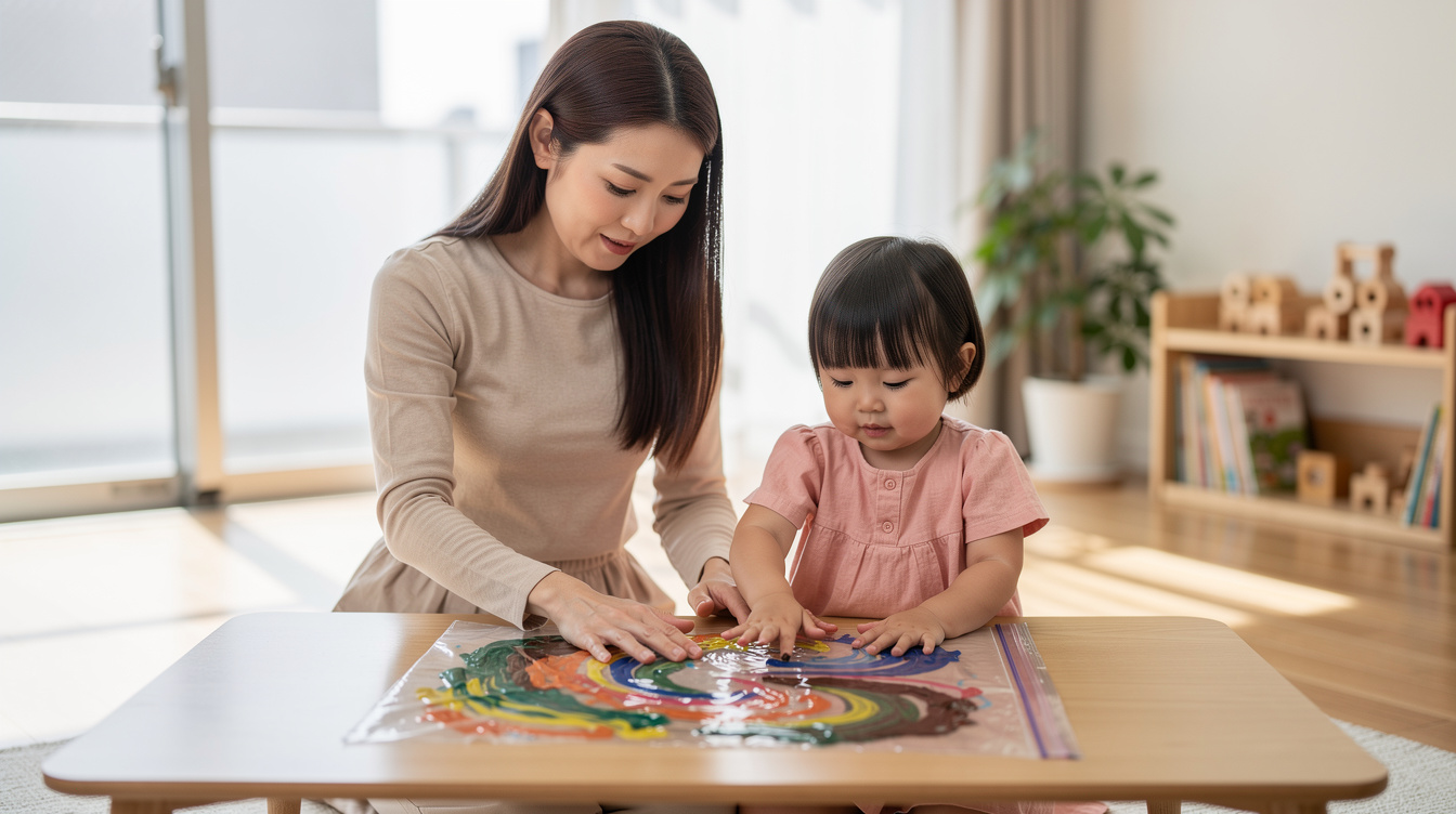 2歳室内遊びアート汚れない!定番ジップロックお絵かき