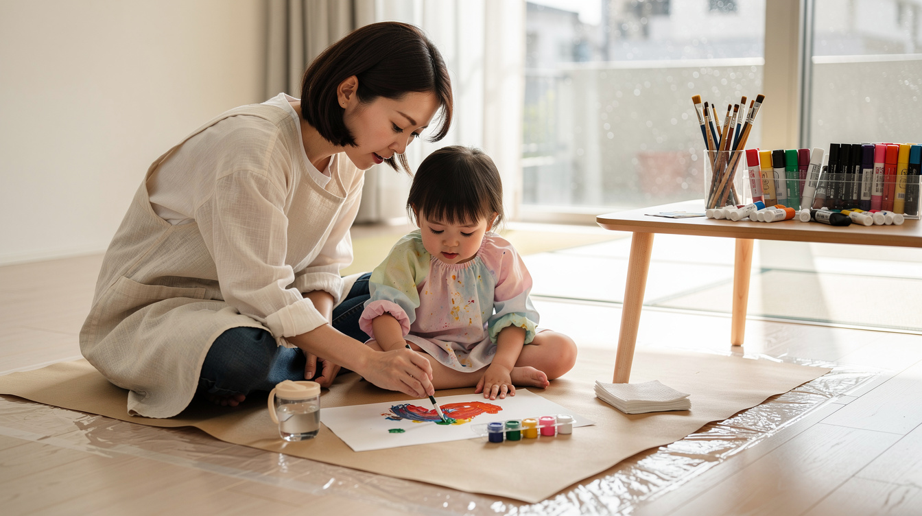 2歳室内遊びアート汚れない！事前準備と養生のコツ