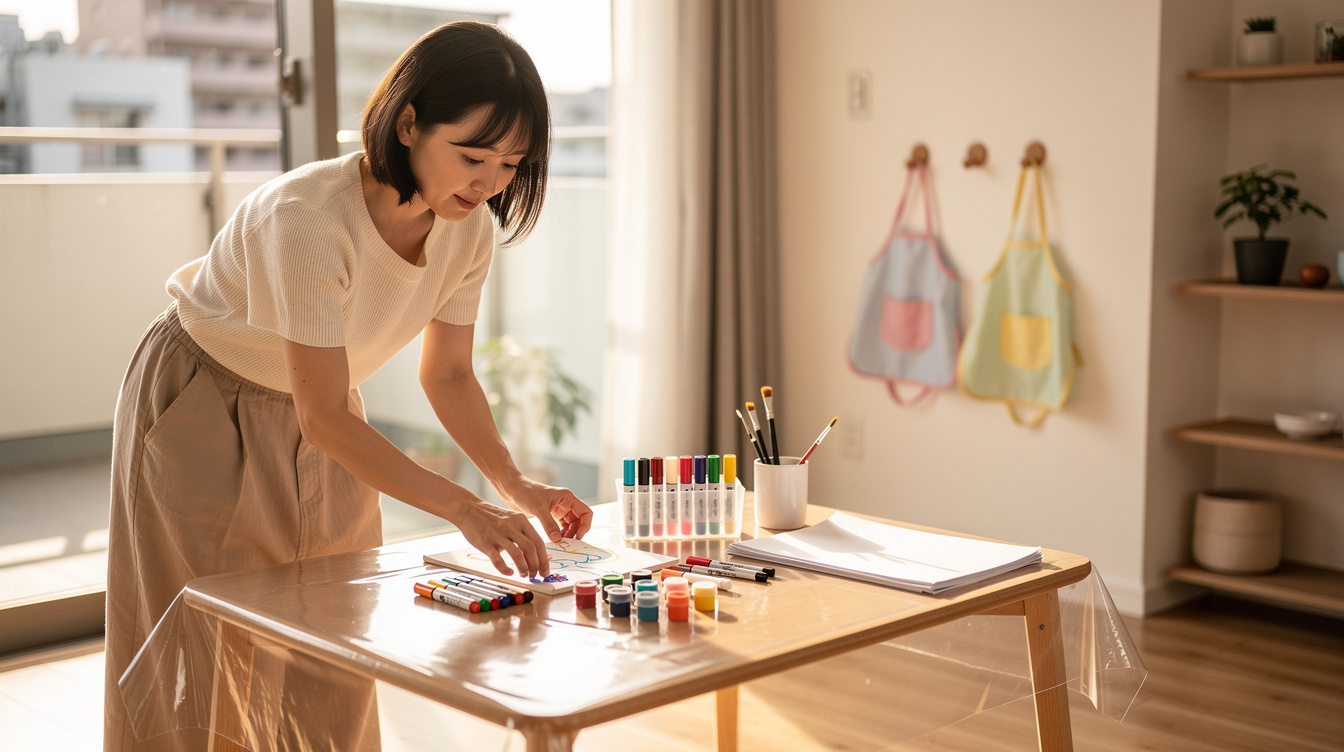 2歳室内遊びアート汚れないための事前準備ステップ