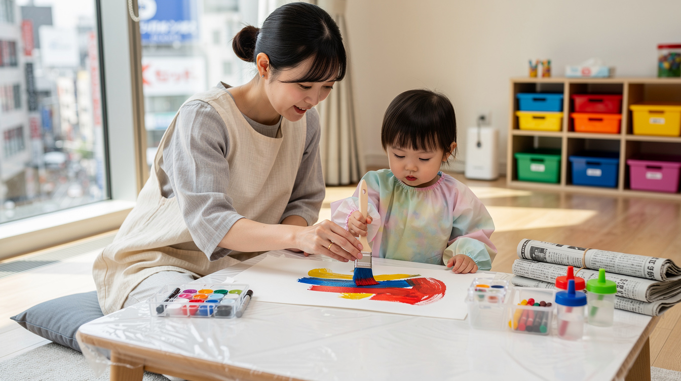 2歳室内遊びアート汚れない準備と下準備のコツ