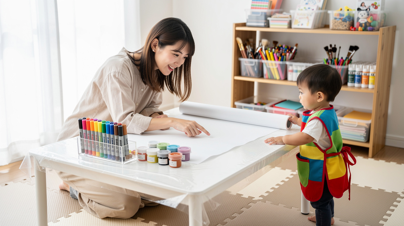 2歳室内遊びアート汚れないための環境セットアップ