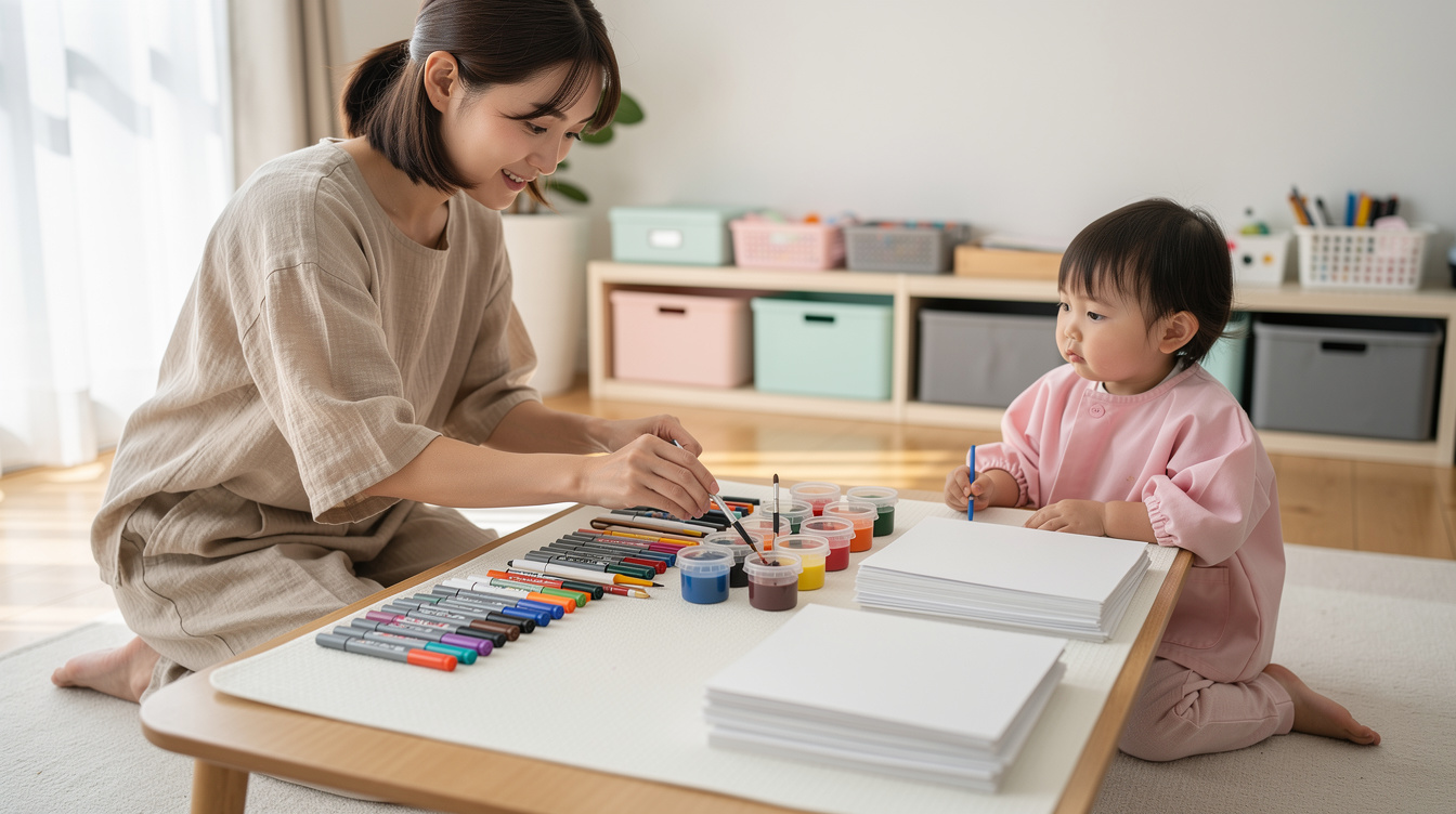 2歳室内遊びアート汚れないための環境・道具の準備