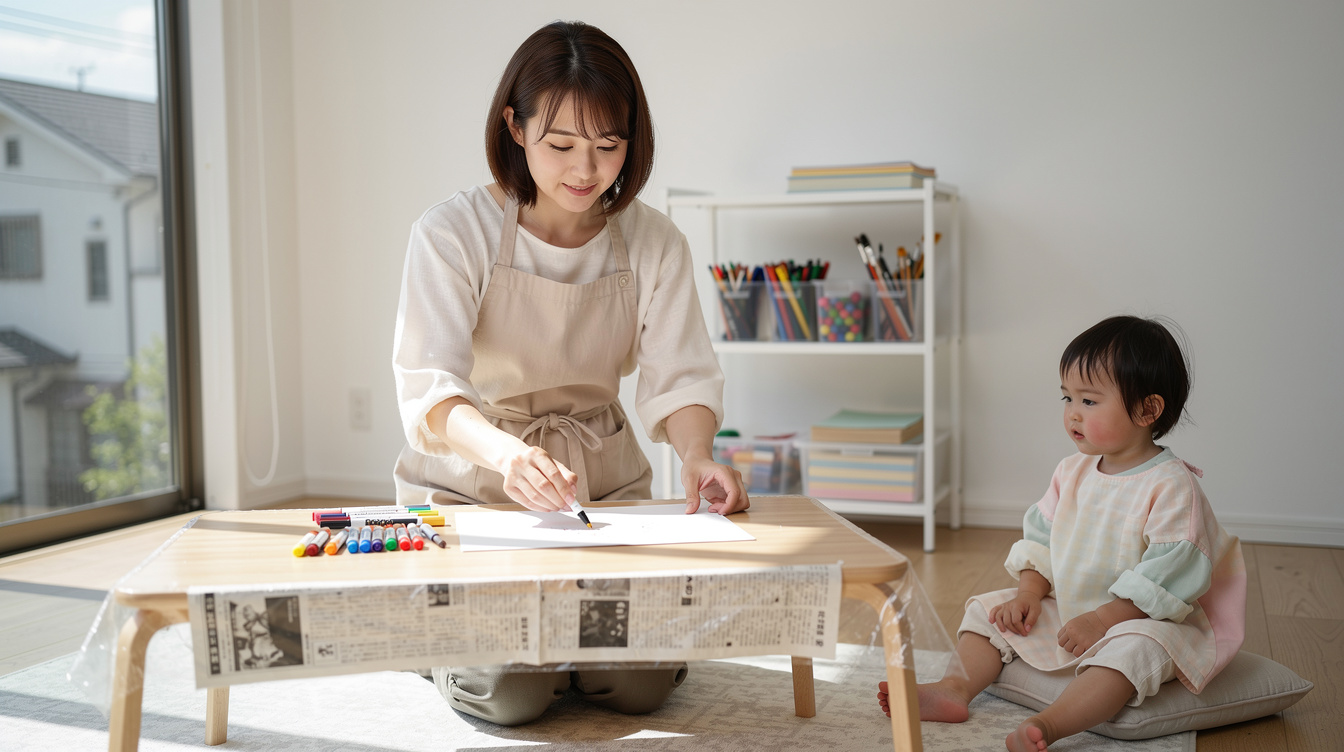 2歳室内遊びアート汚れないための事前準備3ステップ