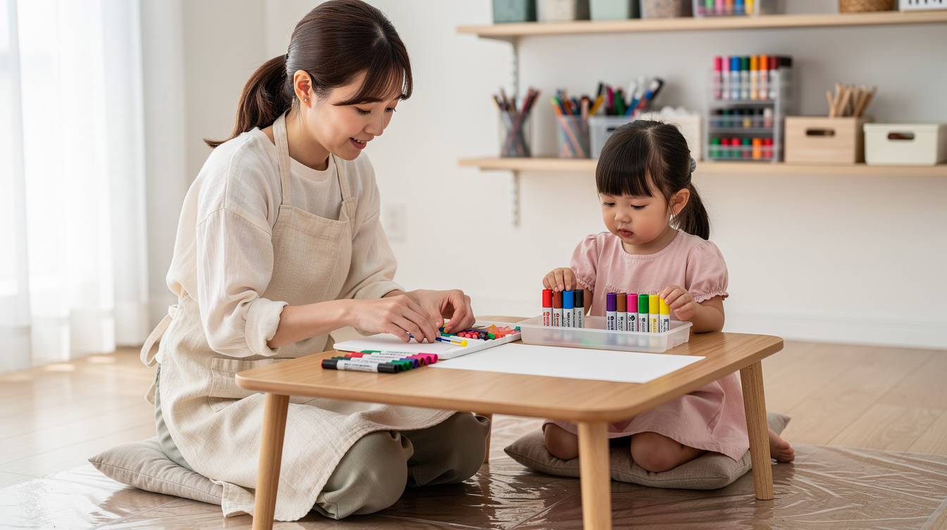 2歳室内遊びアート汚れない環境づくり|100均グッズで完璧準備