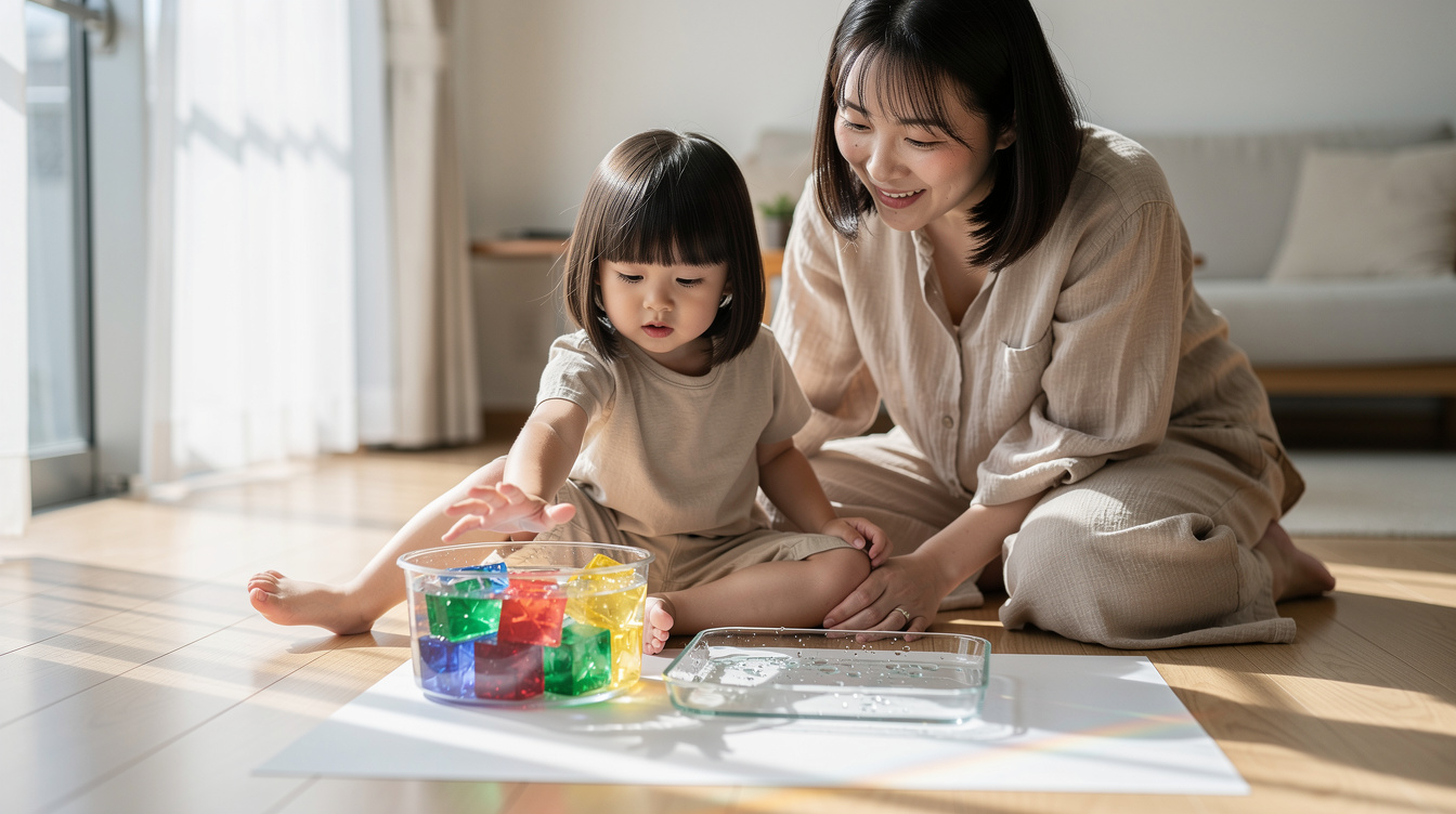2歳室内遊びアート汚れない【水・光・氷】感覚遊び3選