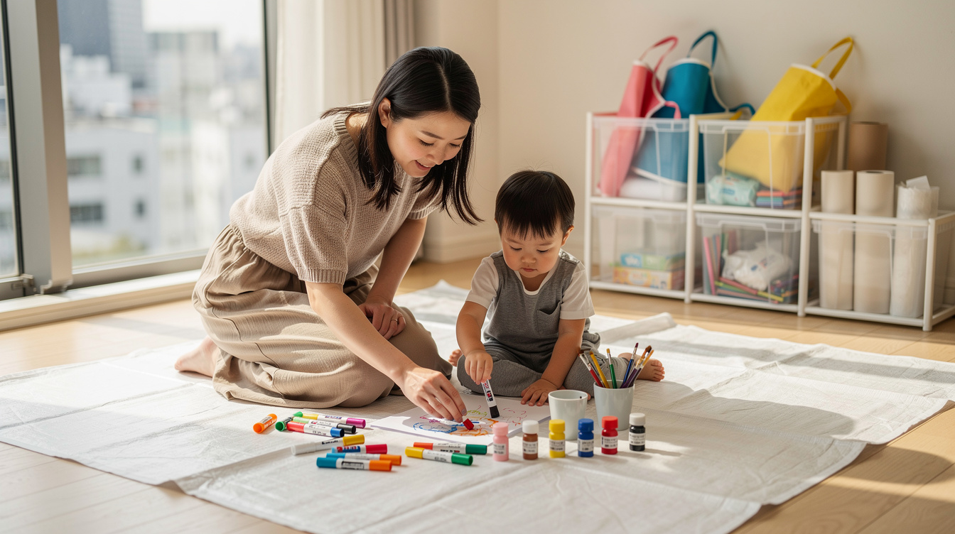 2歳室内遊びアート汚れないための準備グッズ一覧